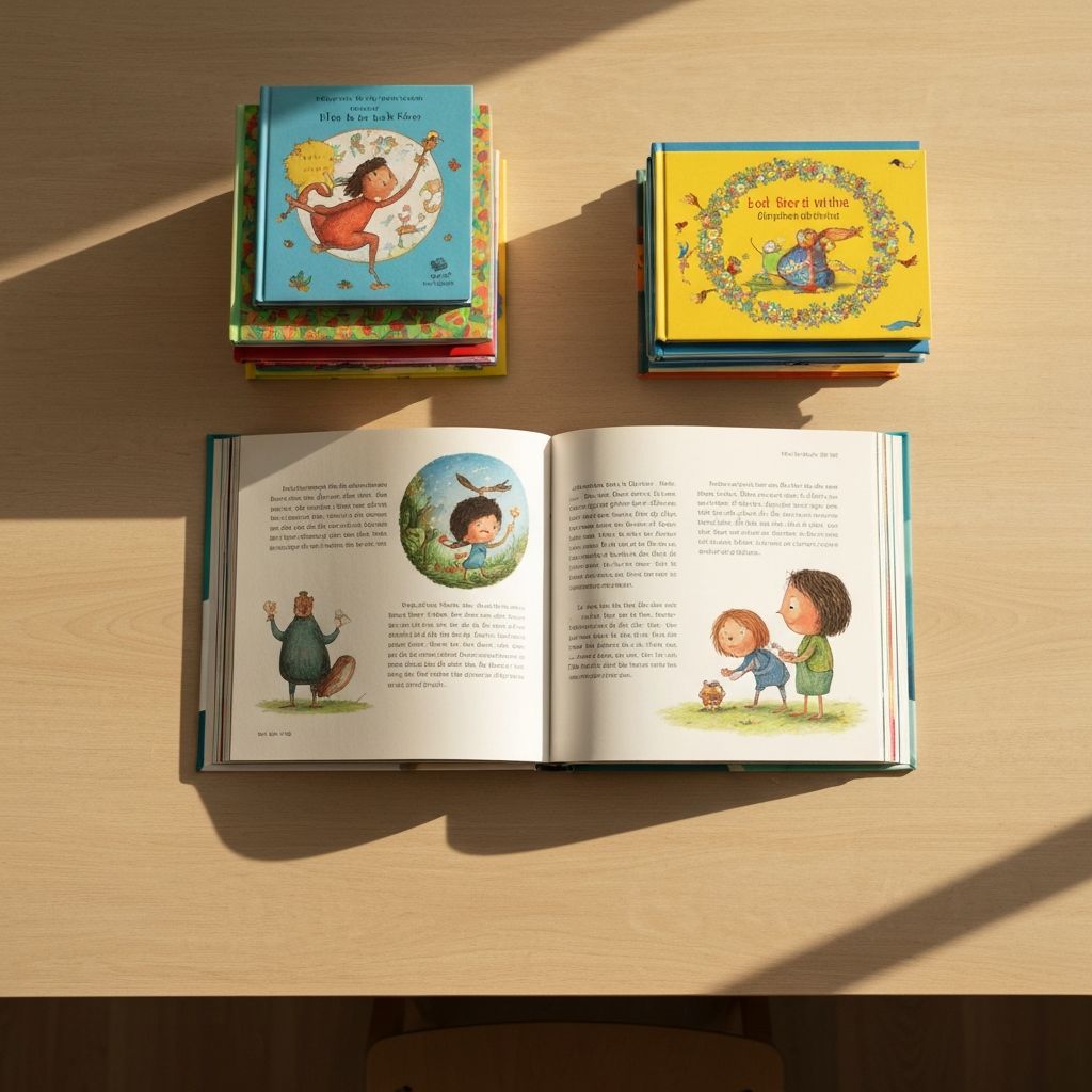 Colorful children's books arranged on a wooden desk